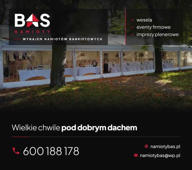 Wizytówka Namioty BAS – wynajem namiotów bankietowych, tel. 600 188 178